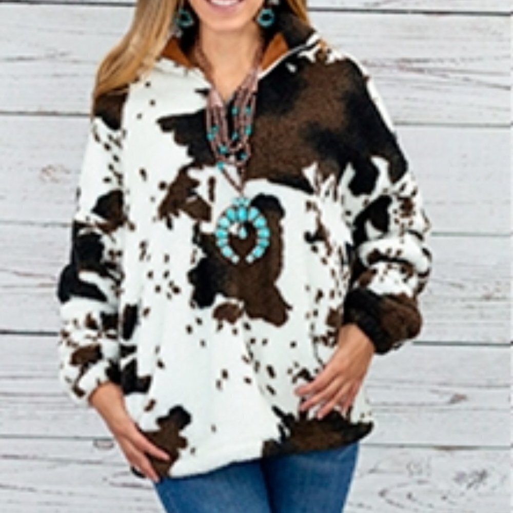 THE ESADOWA COWPRINT FLEECE/SHERPA PULLOVER - Picture 2 of 3